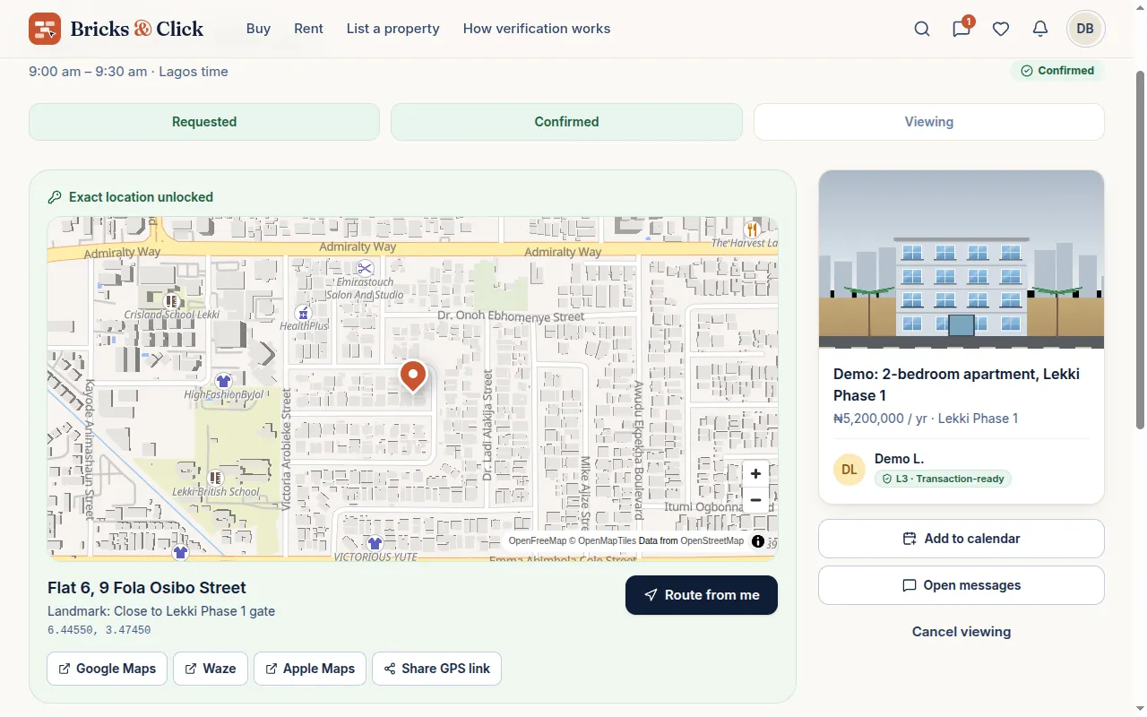 A confirmed viewing with the exact location, route and share options