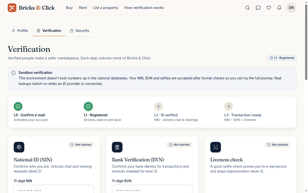 The verification centre for a new account