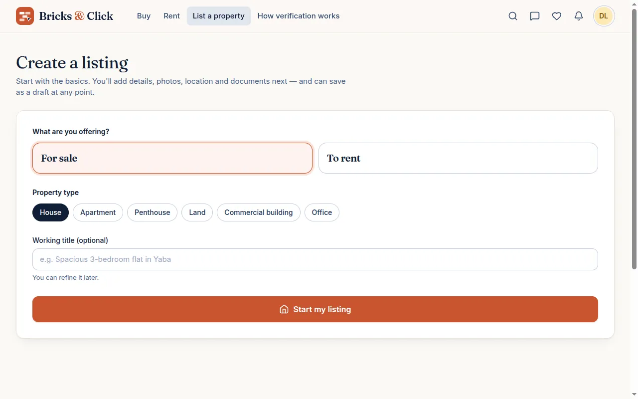 The Create a listing start page