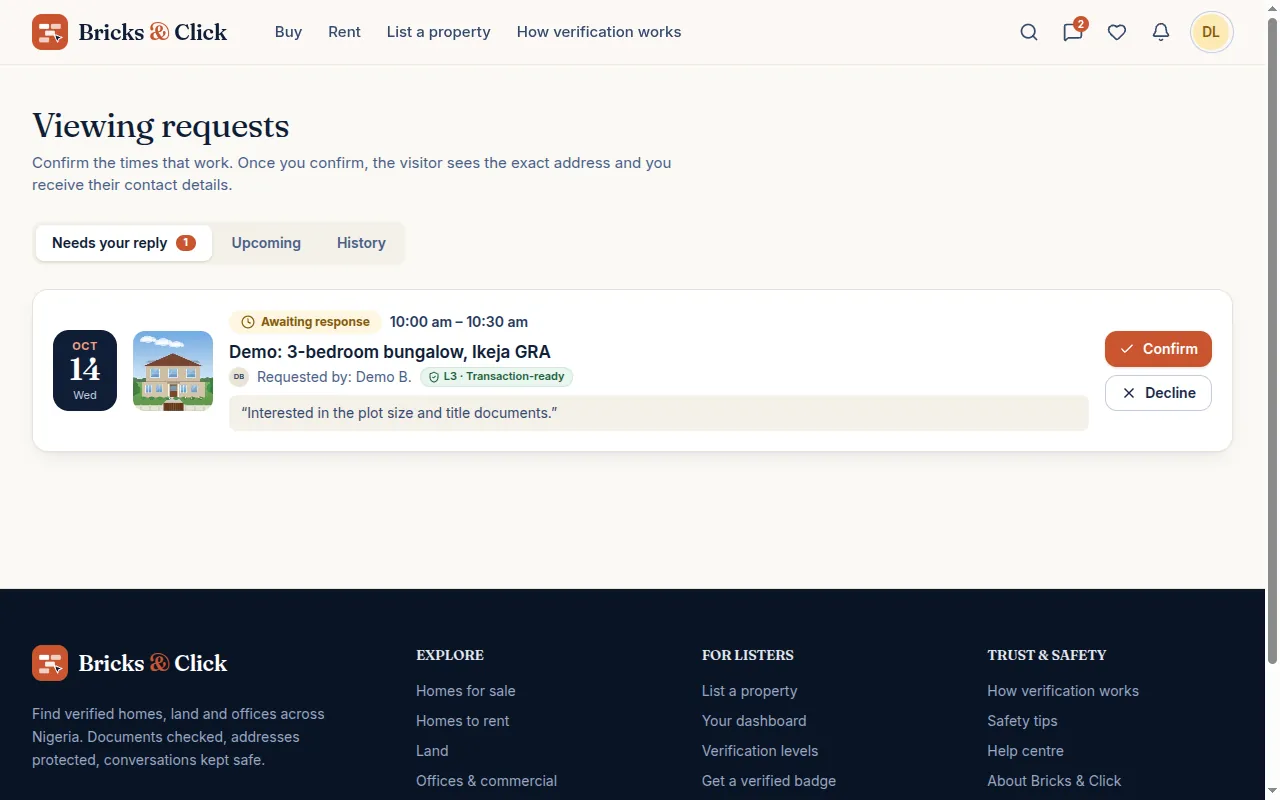 The viewing requests inbox